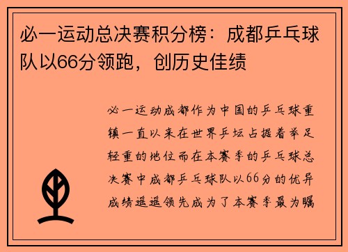 必一运动总决赛积分榜：成都乒乓球队以66分领跑，创历史佳绩