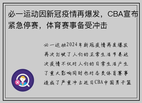 必一运动因新冠疫情再爆发，CBA宣布紧急停赛，体育赛事备受冲击