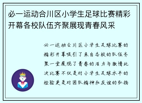 必一运动合川区小学生足球比赛精彩开幕各校队伍齐聚展现青春风采